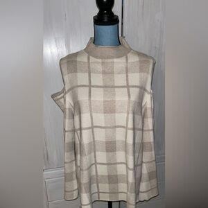 Style & Co Womens Size  XL Plaid Cold Shoulder Pullover Sweater Cream & Tan